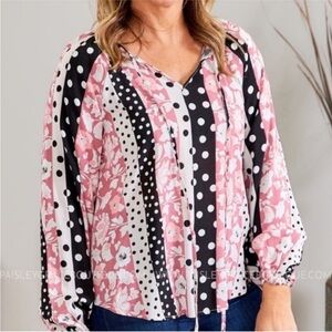 ANDREE BY UNIT Pink Floral and Black Polka Dot Blouse